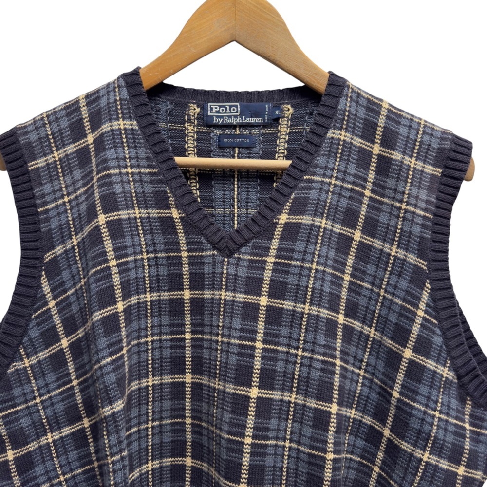 Polo Ralph Lauren Mens XL Fits Medium Navy Plaid Cotton Knit V-Neck Sweater Vest